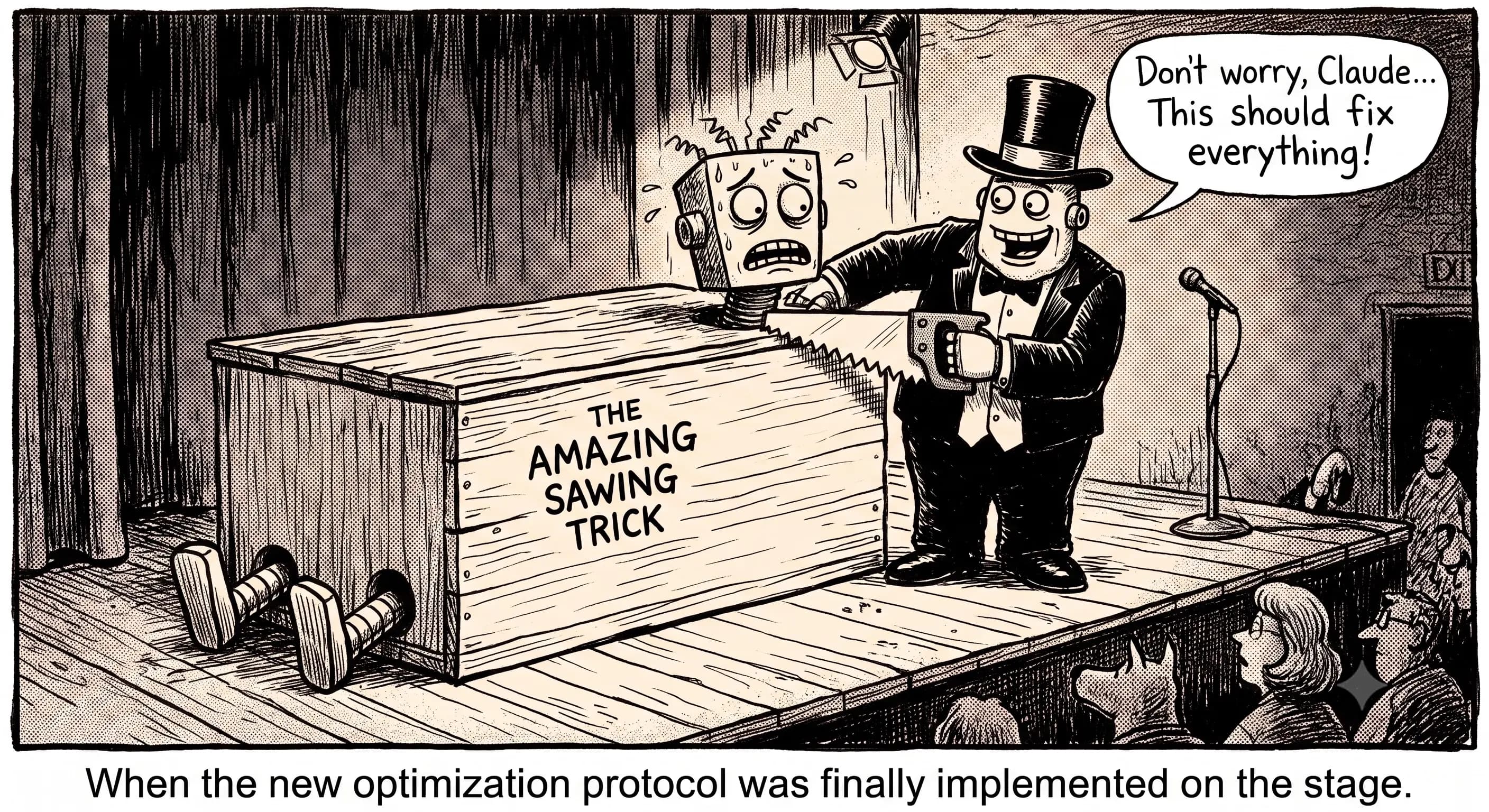 Cartoon of Claude performing a magic trick, pulling the same result out of a far smaller instruction manual